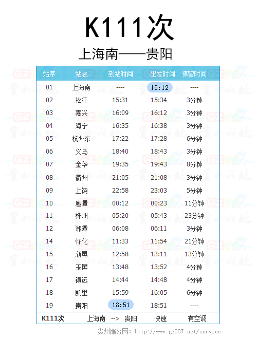 上海南至贵阳K111次列车时刻表
