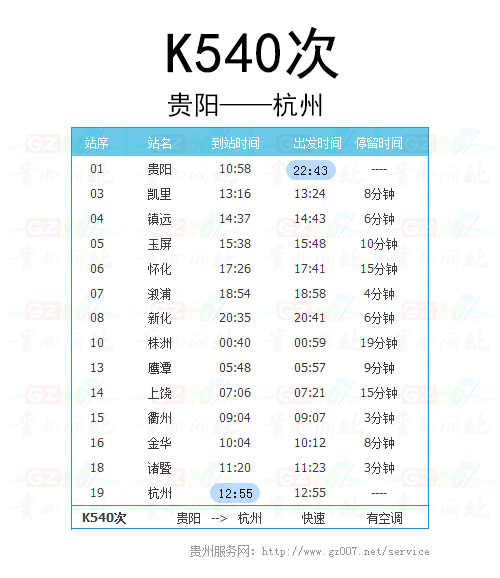 贵阳至杭州K540次列车时刻表