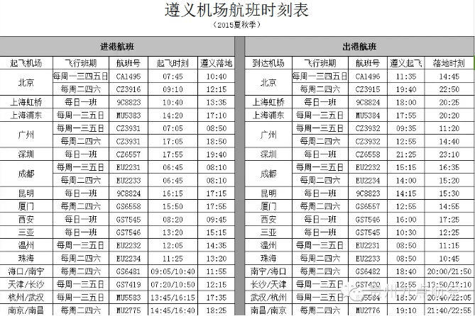 遵义新舟机场航班信息 