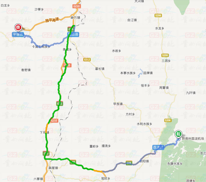 荔波机场到平塘县的交通示意图